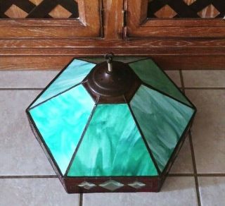 Vtg Lamp Shade Mission Art Deco Slag Stained Opalescent Hanging Glass Fixture