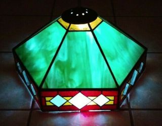 VTG LAMP SHADE MISSION ART DECO SLAG STAINED OPALESCENT HANGING GLASS FIXTURE 2