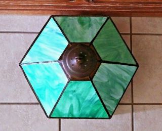 VTG LAMP SHADE MISSION ART DECO SLAG STAINED OPALESCENT HANGING GLASS FIXTURE 3