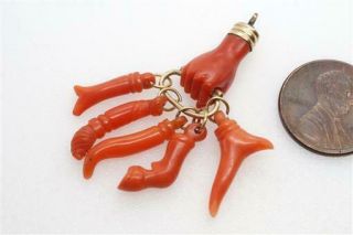 Lovely Antique Gold Carved Natural Coral Hand / Fist Charm & Amulets C1820