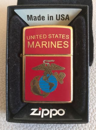 2005 United States Marine Corps Brass Red Enamel Zippo Cigarette Lighter In Orig