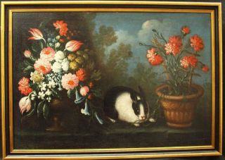Large 17th Century Still Life & Rabbit In Landscape Antique Oil Painting