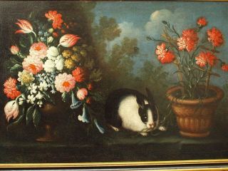 LARGE 17th Century STILL LIFE & RABBIT IN LANDSCAPE Antique Oil Painting 2