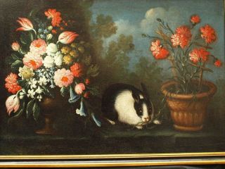 LARGE 17th Century STILL LIFE & RABBIT IN LANDSCAPE Antique Oil Painting 3