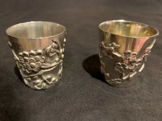Pair Antique Chinese Export Sterling Silver Cups Shots 1.  5” Wang Hing Blossoms