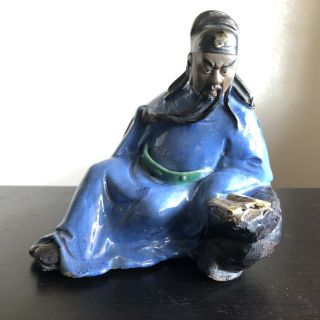 Antique Chinese Shiwan Glazed Scholar Man Reading Dark Clay Pottery Art Signed
