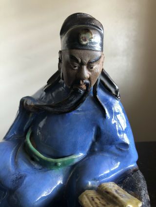 Antique Chinese Shiwan Glazed Scholar Man Reading Dark Clay Pottery Art SIGNED 2