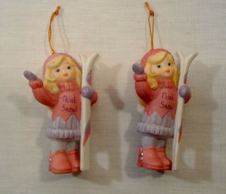 Enesco Think Snow Christmas Ornaments (2) Skiers Girls Ceramic Vintage 1993