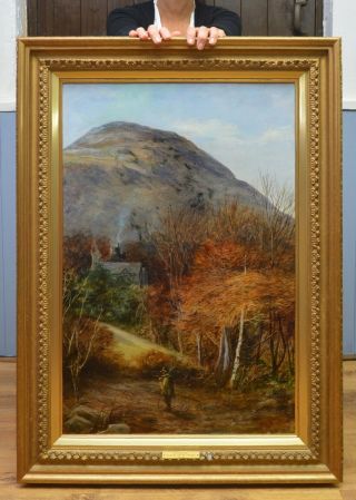 Large Antique 19th Century Oil Painting Of North Wales Autumn Landscape