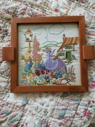 Vintage Embroidered Picture/tray.  Crinoline Lady.  Cottage Garden.
