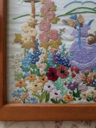 Vintage Embroidered Picture/Tray.  Crinoline Lady.  Cottage Garden. 3