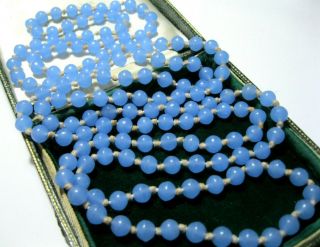 Vintage Jewellery Art Deco Blue Chalcedony Glass Bead Long Knotted 50 " Necklace
