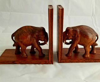 Vintage Teak Wood Carved Elephant Bookends With Tusks And Eyes Bovine Bone