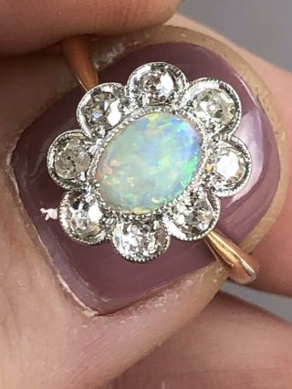 Gorgeous Antique Solid Opal And Old Cut Diamond Ring 18ct Gold 18k Platinum