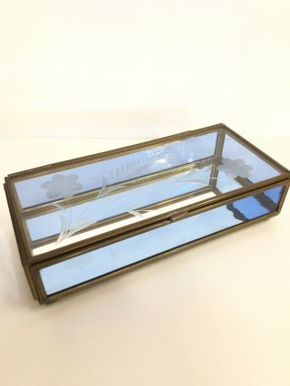 Vintage Blue Tinted Glass & Brass Jewelry Trinket Box Etched Glass Mirror Bottom 2