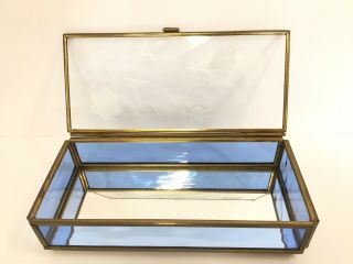 Vintage Blue Tinted Glass & Brass Jewelry Trinket Box Etched Glass Mirror Bottom 3