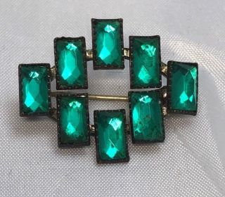 Antique Art Deco/nouveau C Clasp Green Emerald Rhinestone Jewelry Brooch B3