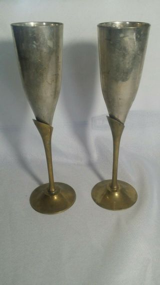Vintage Set Of 2 Silver Plated Brass Wine Glasses Champagne Glasses Flutes India