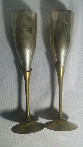 Vintage Set of 2 Silver Plated Brass Wine Glasses Champagne Glasses Flutes India 3