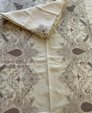 Vintage Madeira Embroidered Linen Tablecloth Needlework 12 Napkins Banquet