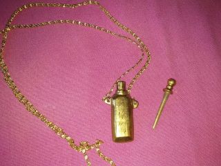 Vintage Iberia Solid Brass Etched Perfume Bottle Pendant Necklace W/36 " Chain