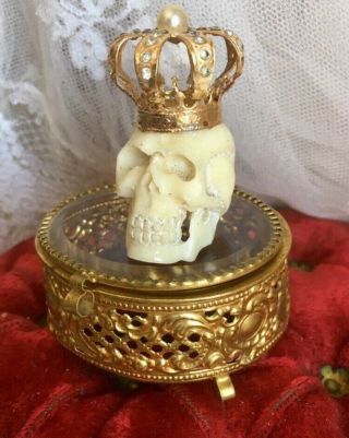 Antique Memento Mori Carved Skull Crown Ormolu Jewel Box Cabinet Of Curiosities