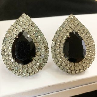 Vtg Art Deco Black Glass Clear Rhinestone Big Runway Clip Earrings Faceted 2”