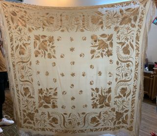 Huge Antique Chinese Hand Embroidered Silk Piano Shawl 67 " X 68 " Fringe 8 " Cream