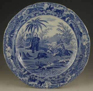 Antique Pottery Pearlware Blue Transfer Spode Indian Sporting 10 " Plate 1810