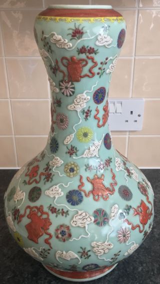 Large 16 " Antique Chinese Qianlong Celadon Auspicious Precious Objects Vase