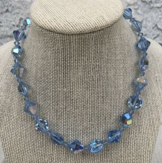 Vintage Large Blue Ab Crystal Bead Necklace 17 " Inc Ship