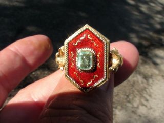 Antique 18k Yellow Gold And Red Guilloche Enamel Italian Emerald Poison Ring