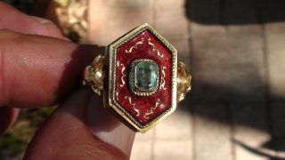 Antique 18K Yellow Gold and Red Guilloche Enamel Italian Emerald Poison Ring 3