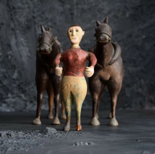 Early 20th Century French Folk - Art Horse And Jockey Figures