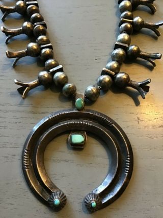 Antique Western Navajo Old Pawn Silver Naja Turquoise Squash Blossom Necklace