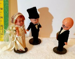 Antique 4 " Celluloid Kewpie Doll Bride,  Groom,  Preacher,  Crepe Paper Dress & Tux