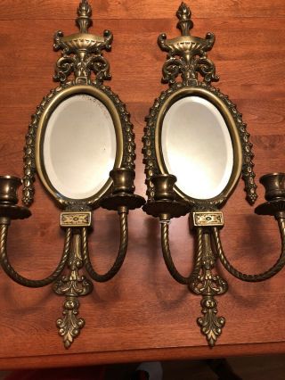 2 - Vintage Brass Wall Sconces With Beveled Mirrors And Candleholders
