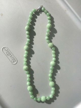 Vintage Chinese Hand Carved Green Jade Beaded Necklace Sterling 925 Signed