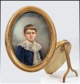 Antique Victorian Era Hand Painted Portrait Miniature Of A Young Boy In Blue