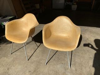 Pair Herman Miller Eames Zenith 1st Generation Rope Edge Arm Shell Chairs