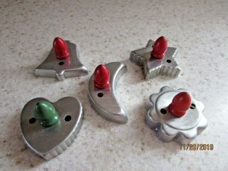5 Vintage Wooden Handled Aluminum Cookie Cutters - Red Green - Star,  Heart,  Bell.