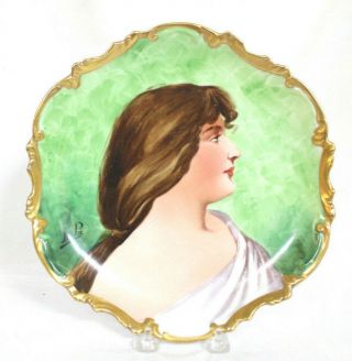 Antique Portrait On Gilded Porcelain Plate,  Hand - Painted,  Limoges.