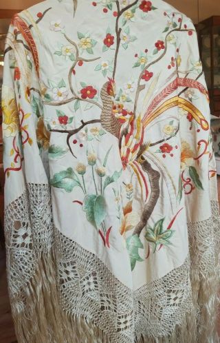 Antique Embroidered Silk Piano Shawl With Ornamental Pheasants And Flowers