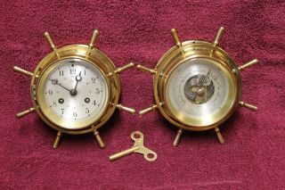 Vintage Ship’s Bell Clock And Barometer Set With Yaught Wheel