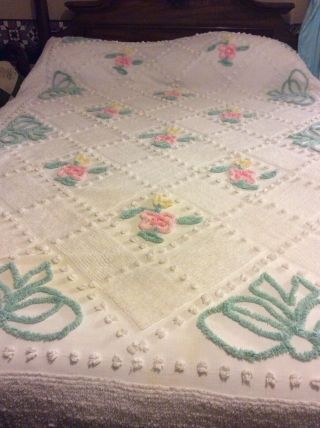 Vintage White Chenille Bedspread W/ Pink,  Yellow & Turquoise 97x91