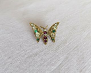 Vintage Butterfly Brooch With Sparkling Stones Suffragette Colours