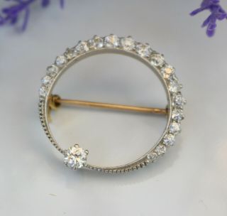 Gorgeous Antique 18k Gold & Platinum 1ct Natural Diamonds Round Wreath Brooch