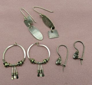 3 Pair Vintage Sterling Silver Pierced Earrings Hoops Modernist Crystal 83m