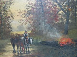 Antique 19th C Oil On Canvas Painting Horse Boy Watches Forest Campfire Fire Yqz