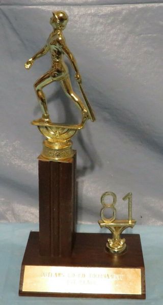 Vintage 1981 Boys Or Mens 10” Baseball Trophy With Wood Base Bar Cabin Decor